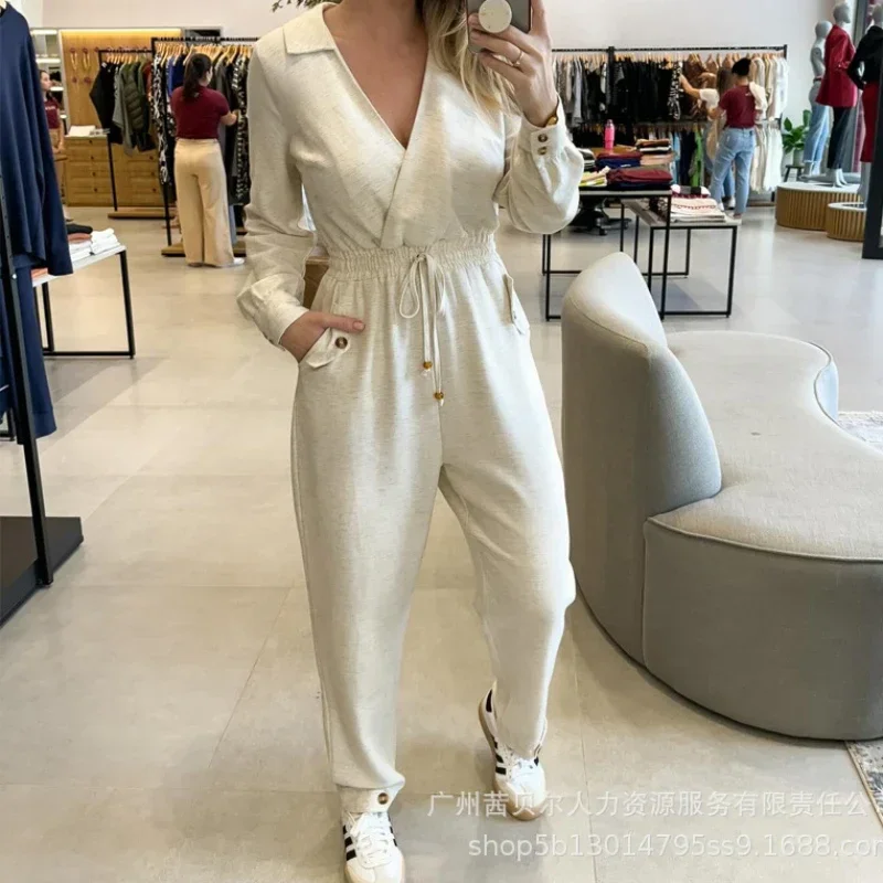 V-neck Drawstring Waist Jumpsuits Women One Piece High Waist Overalls Long Pants Work Elegant Splice Rompers Spring Autumn