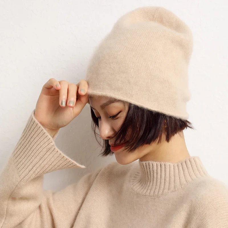 2023 New Autumn Winter Women Hats 100% Pure Cashmere Knitted Headgears Soft Warm Fashion Thick Cap 3 Colors High Quanlity