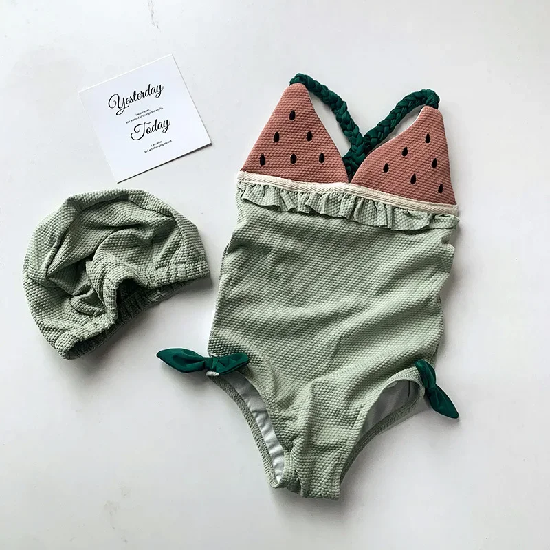 Bañador de una pieza para niñas pequeñas, traje de baño con dibujos animados de frutas, Bikini, ropa de playa, traje de baño para vacaciones