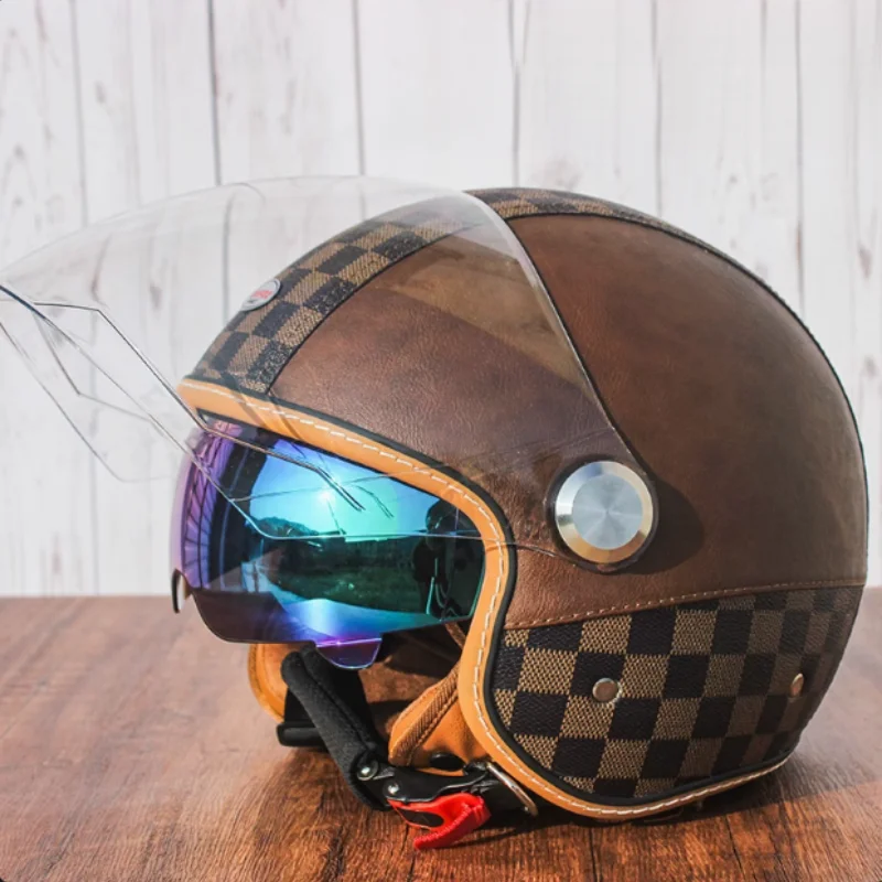 

Kaese Smart Brown Check Jet Leather Helmet Inner Visor Design Genuine Leather Exterior Long Visor DOT/ECE Dual Certified