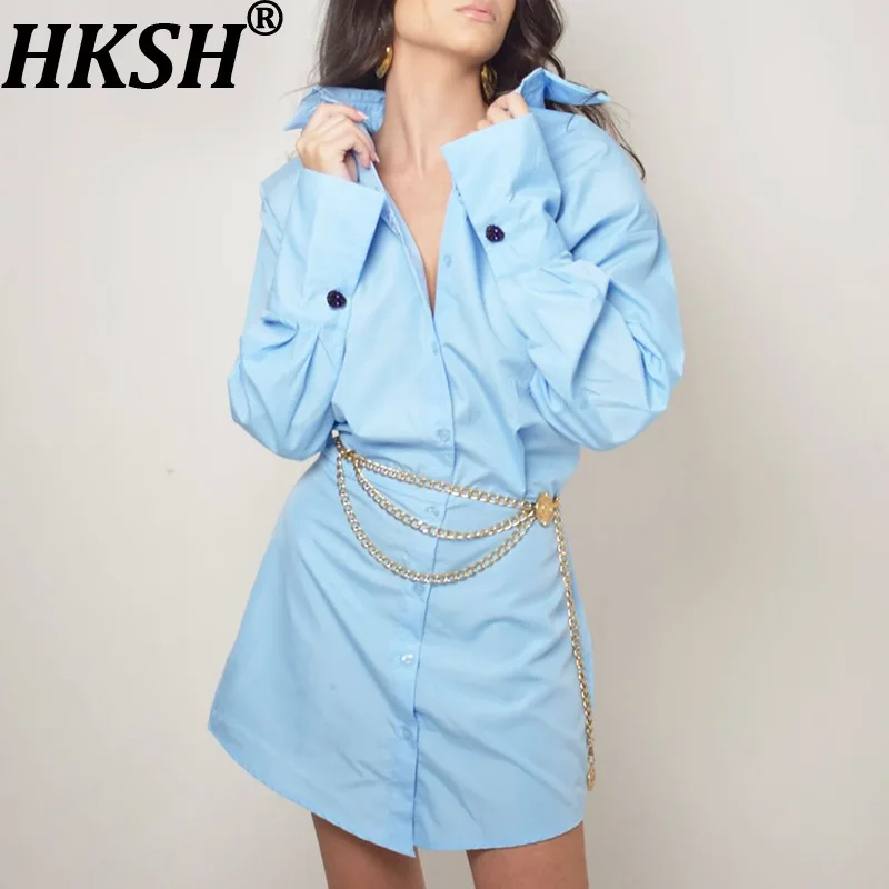 

HKSH осенняя новая женская длинная рубашка с отложным воротником, однотонное однобортное элегантное повседневное шикарное платье High Street HK11726