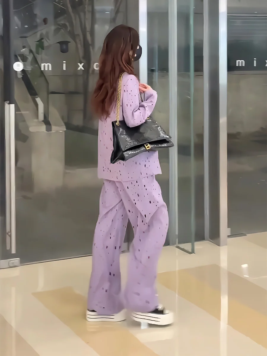 Faionable, pantalones de pierna ancha de cintura alta, traje largo para mujer, conjunto de dos piezas con Jaet de diamante calado, recién llegado de primavera