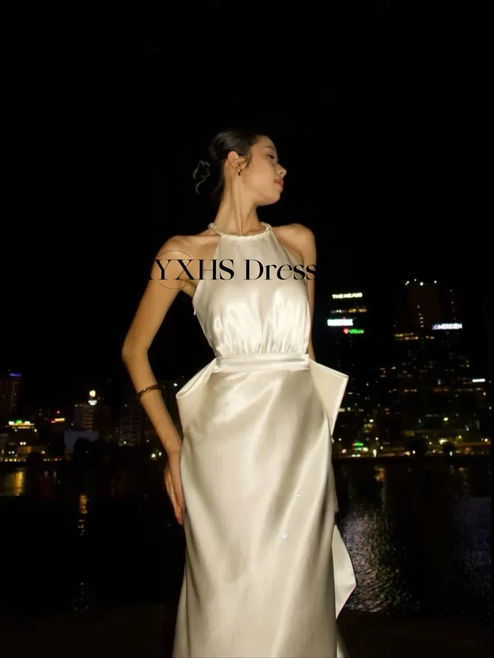 Elegant Halter Wedding Dresses Mermaid Korea Photo shoot Silk Satin Champagne Formal Evening Party Dress Customized 웨딩드레스