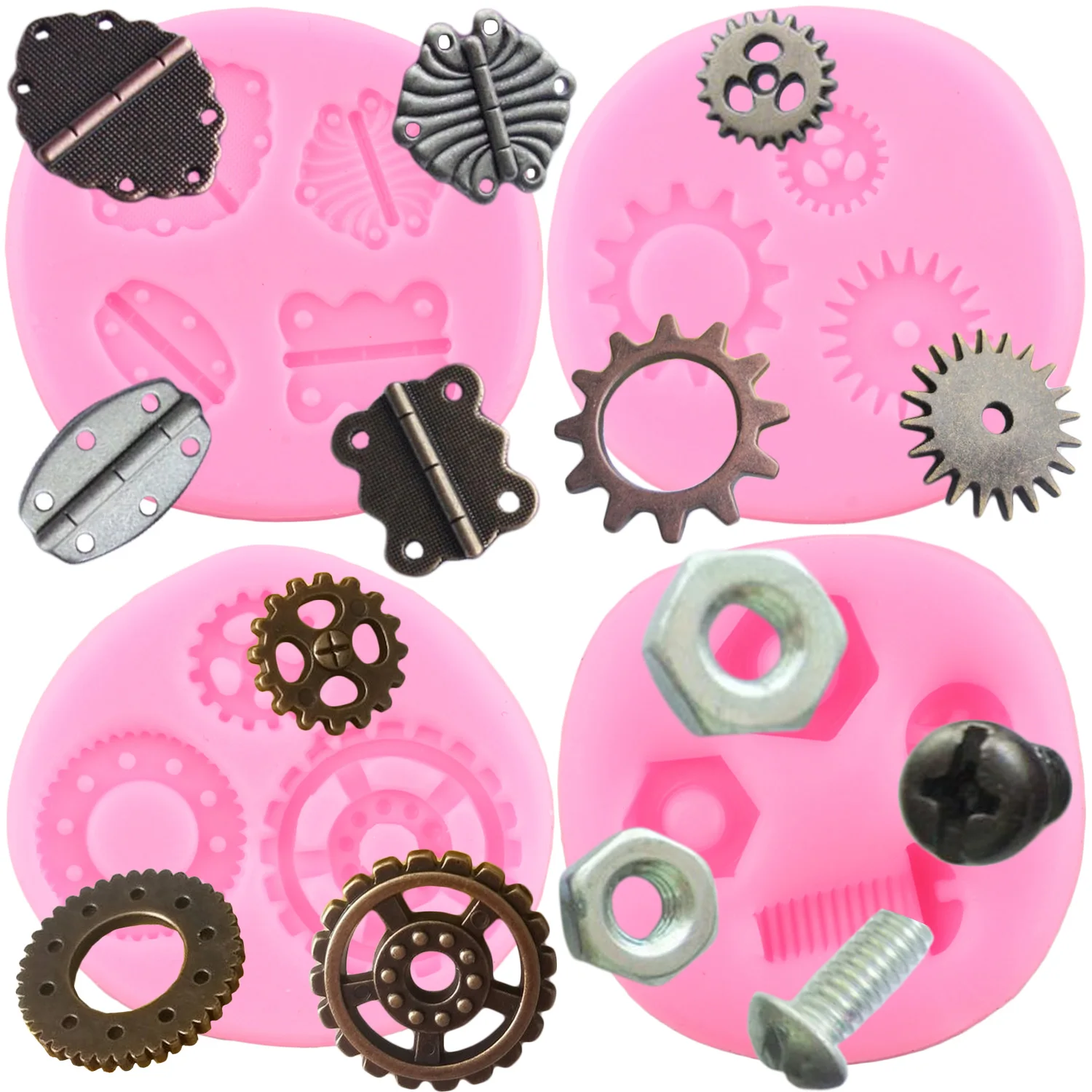 4Pcs Gear Hinge Silicone Mold Screw Nut Fondant Molds Steampunk Cake Decorating Cupcake Topper Candy Chocolate Polymer Clay Mold