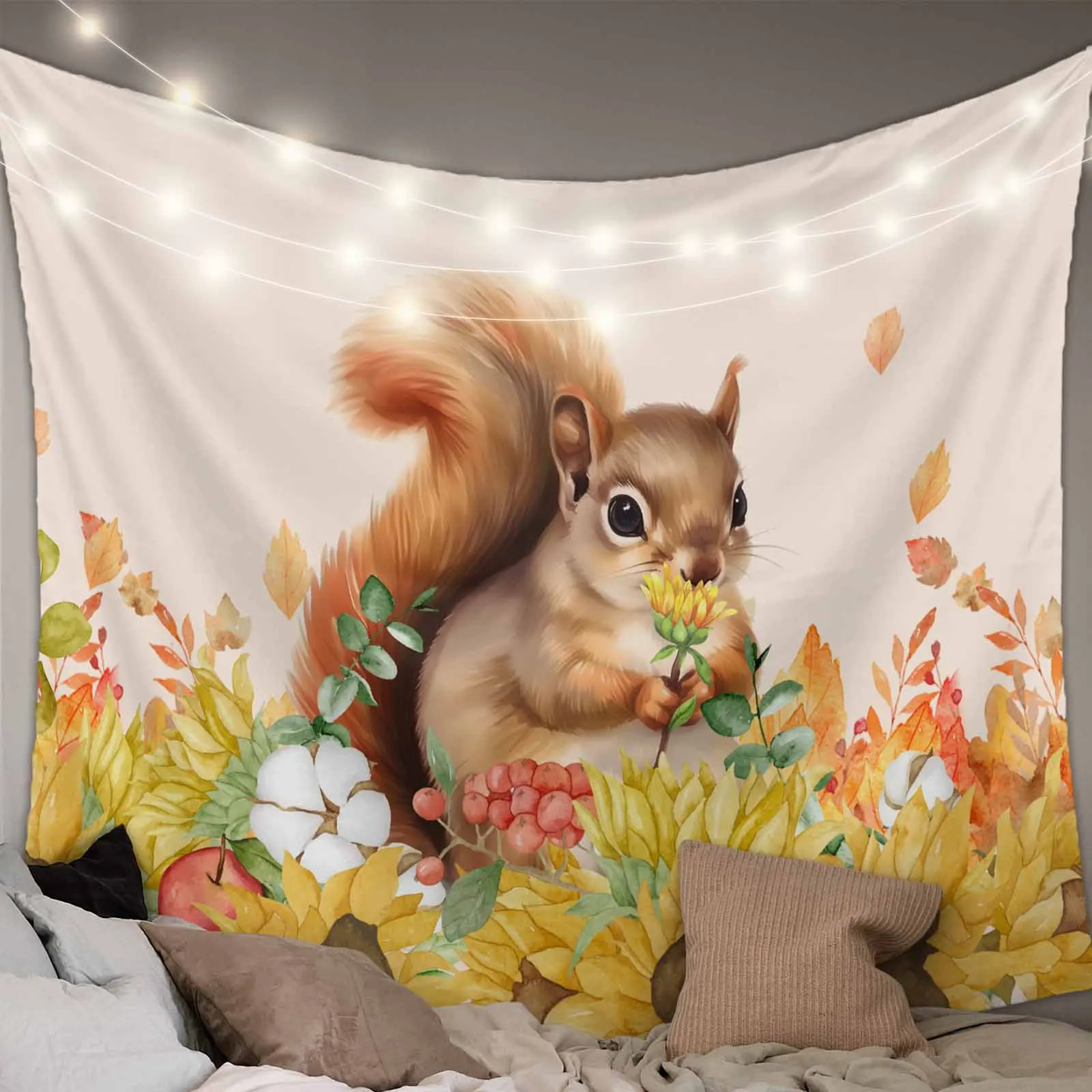 Autumn Watercolor Squirrel Sunflower Tapestry Wall Hanging Custom Boho Decoration Wall Tapestry Home Decor Hanging Cloth