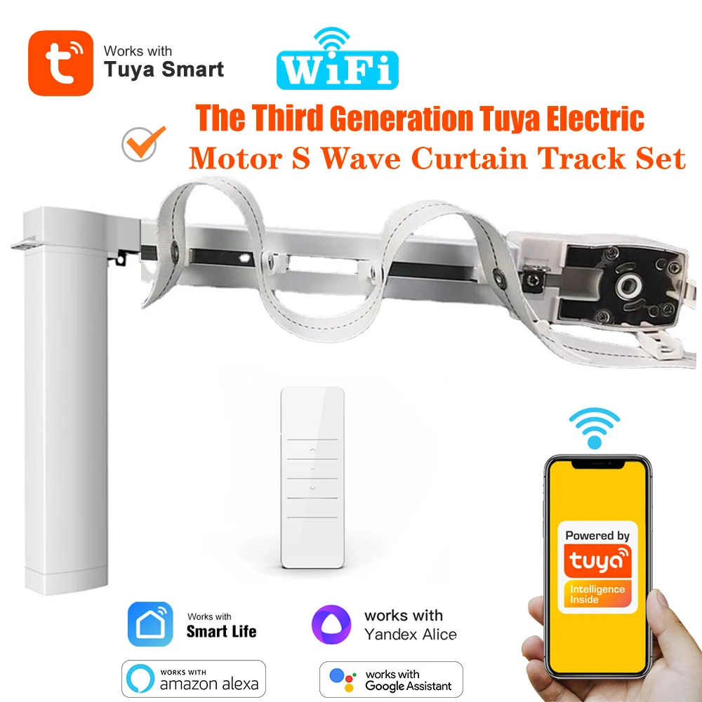 

Tuya Smart 3Generation Shorter WiFi Electric Curtain Motor S Wave Ripple Fold Curtain track Cornice Rail Alexa Alice Voice