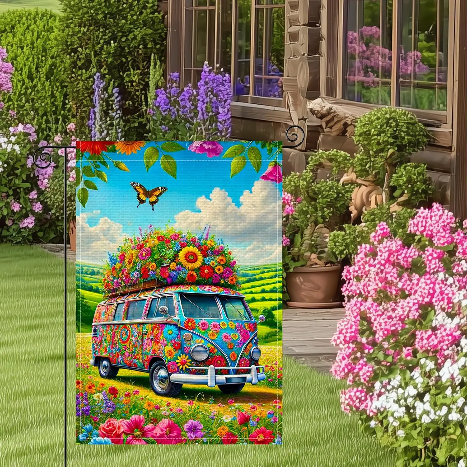 Spring Floral Vintage Van Garden Flag 12x18 Inch Double Sided Colorful Flower Bus Butterfly Meadow Rustic Farmhouse Yard Out ZZM