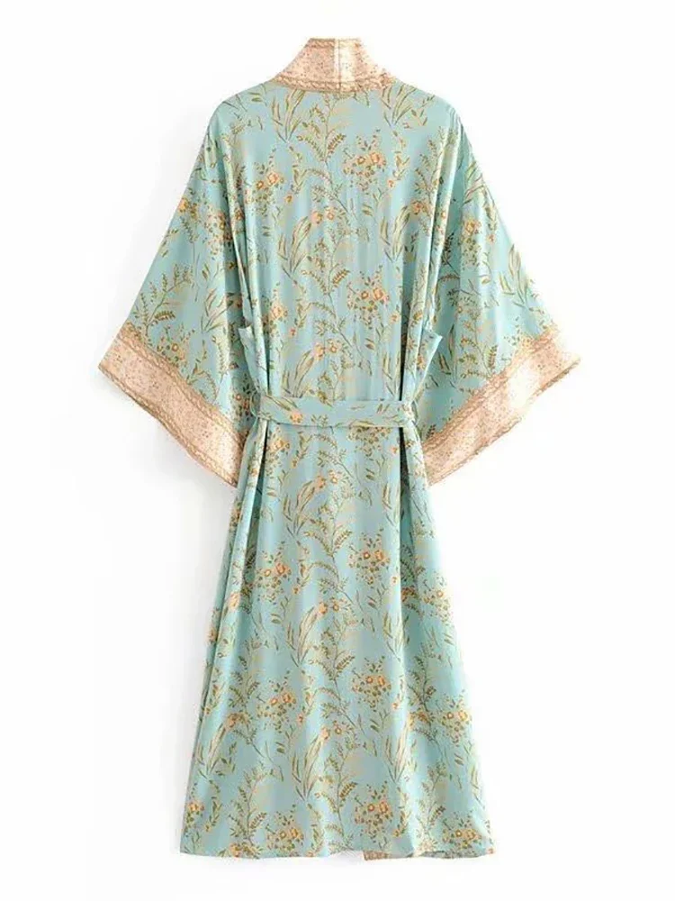 Print Bloemen Strand Kimono Badmode Met Sjerpen Katoen Slank Boheems Vakantie Lang Vest Sexy Groen Cover-Up Sale