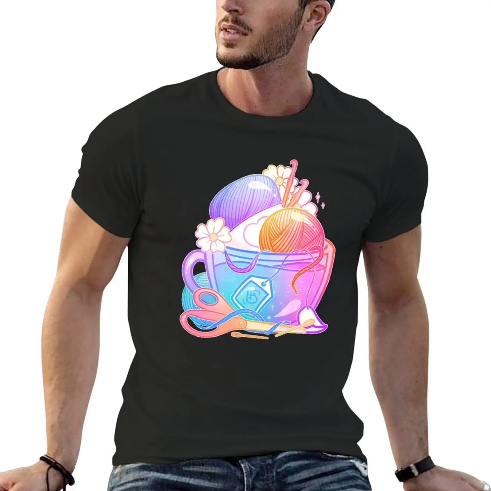 

Kawaii Pastel Yarn Art Teacup - Crochet T-Shirt Short sleeve tee shirts graphic tees anime clothes Men's t shirts