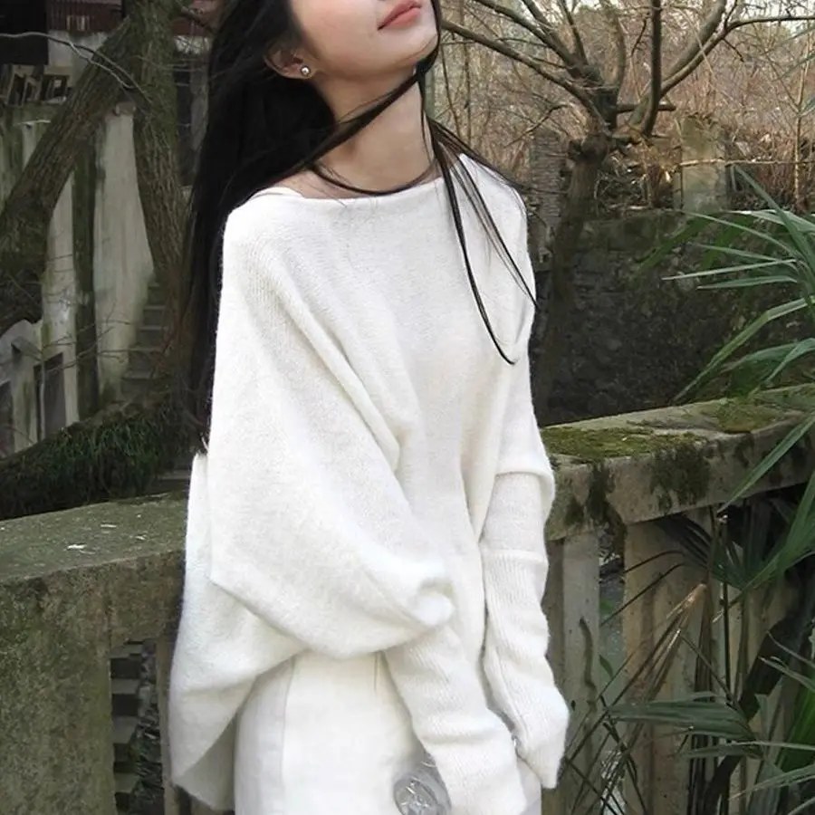 

Laid-ba Sle Мягкий уютный вязаный свитер с охватывающимися плечами, женский осенне-зимний новый топ свободного покроя, длинный трикотаж свека