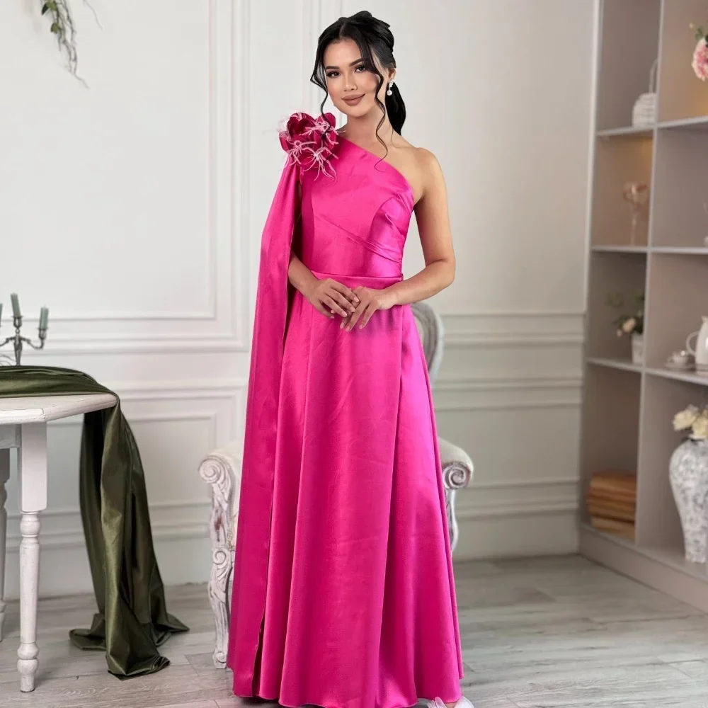 

Elegant Jersey Flower Feather Ruched A-line One-shoulder Midi Dresses Prom Dresses Exquisite High Quality Sexy Sparkle Matching