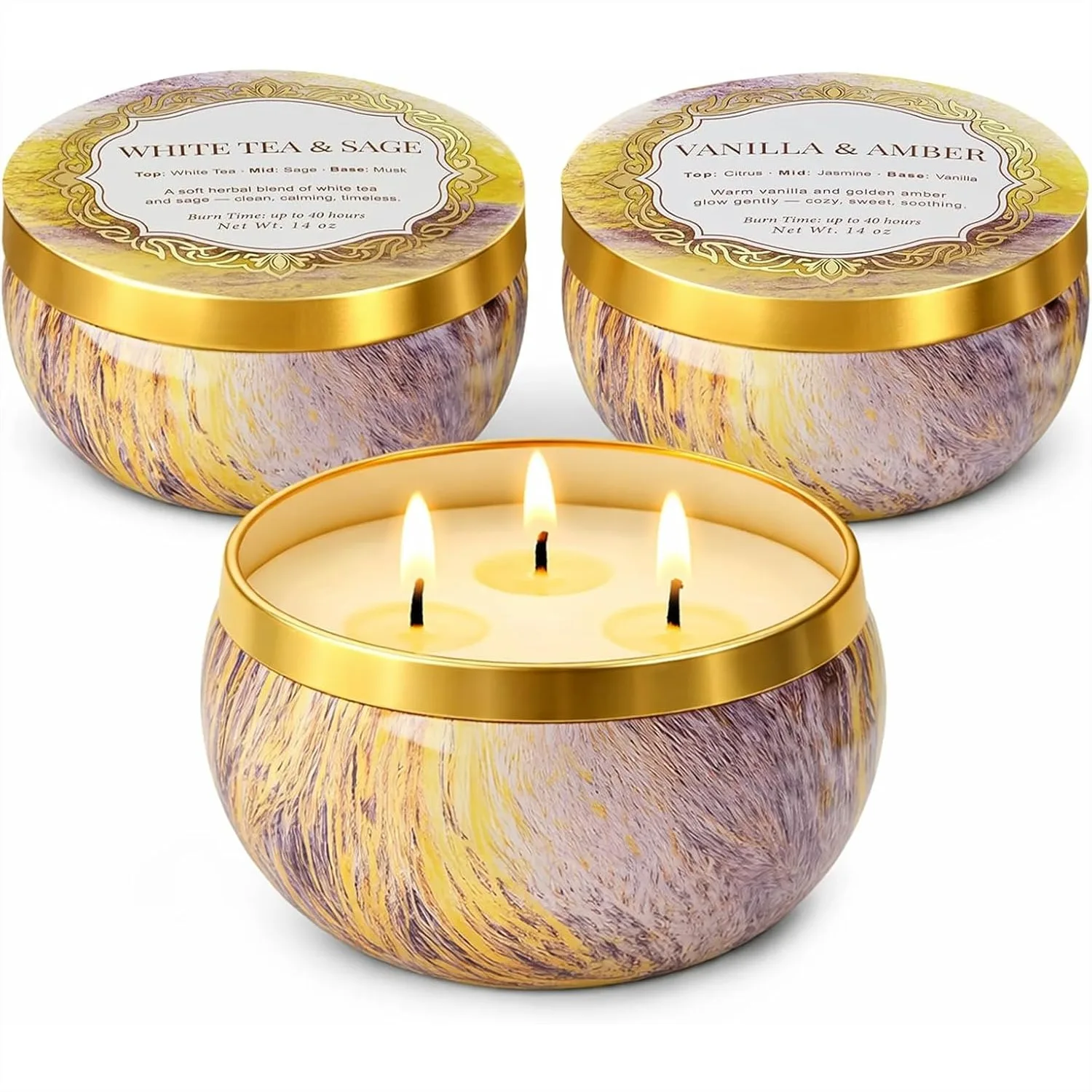 

3-Wick Candle Gift Set, 3 Pack, 14 oz Each, Scented Candles for Home with White Tea & Sage, Vanilla & Amber, Cashmere Cedar