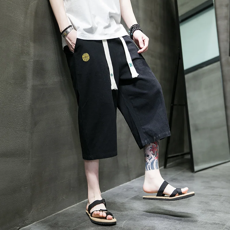 Summer Chinese Style Thin Cropped Trousers Retro Plus Size Embroidery Straight Leg Casual Pants Loose Beach Pants Men Clothing