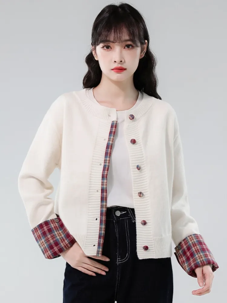 

Корейский свитер в клетку, женский осенне-зимний внутренний вязаный открытый кардиган, свободный круглый топ