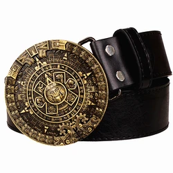 Maya Rune Aztec – ceinture en cuir PU pour hommes et femmes, calendrier solaire, boucle ronde en cuivre, mode, Jeans