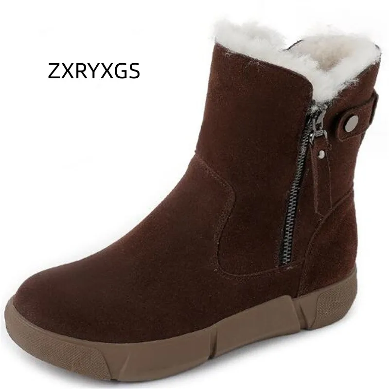 

ZXRYXGS High Quality Matte Cow Leather Wool Boots Flat Soft Sole Warm Comfort Snow Boots 2023 Plus Size Winter Shoes Women Boots