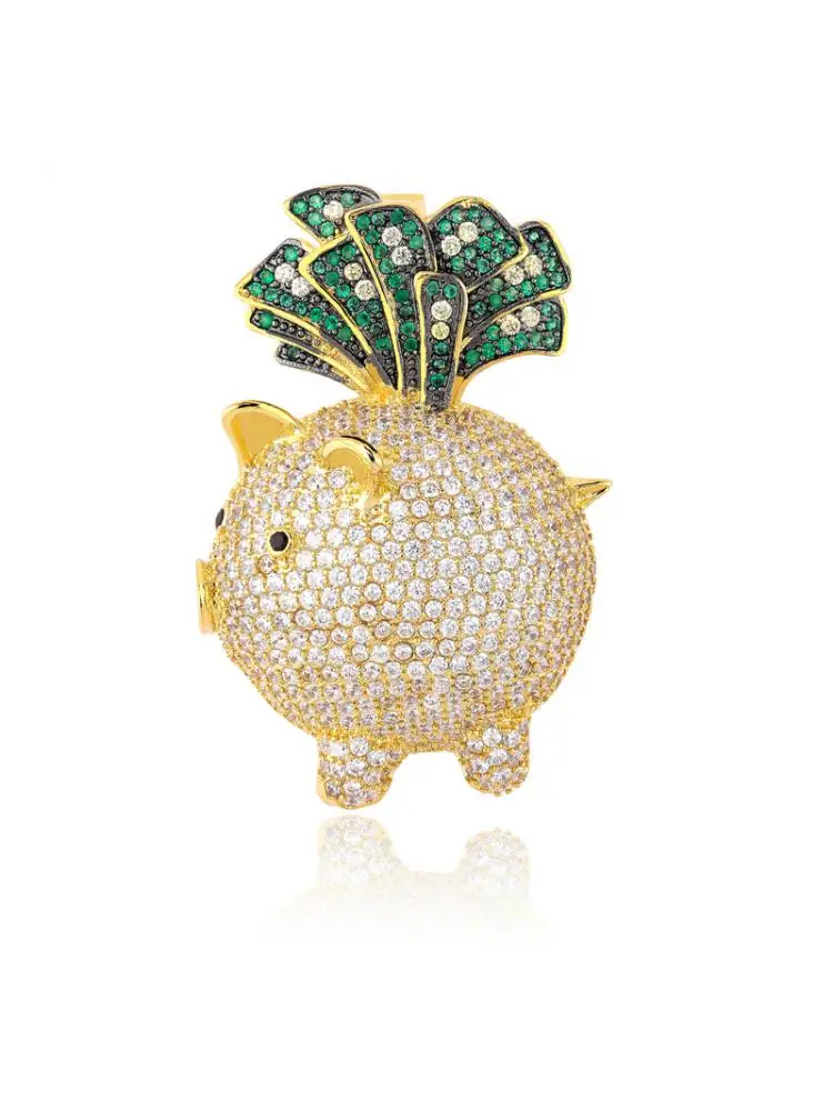 Green AAA+ Cubic Zirconia Paved Bling Iced Out US Dollar Piggy Bank Pendants Necklace for Men Hip Hop Rapper Jewelry