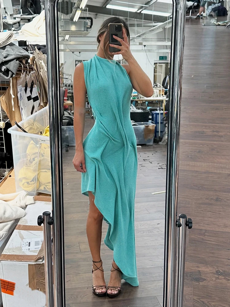 Sisterlinda Trend Mode Sexy Langes Kleid Damen Rückenfrei O-Ausschnitt Ärmellos Unregelmäßiger Saum Urlaub Gerafftes Elegantes Kleid – Detail 27