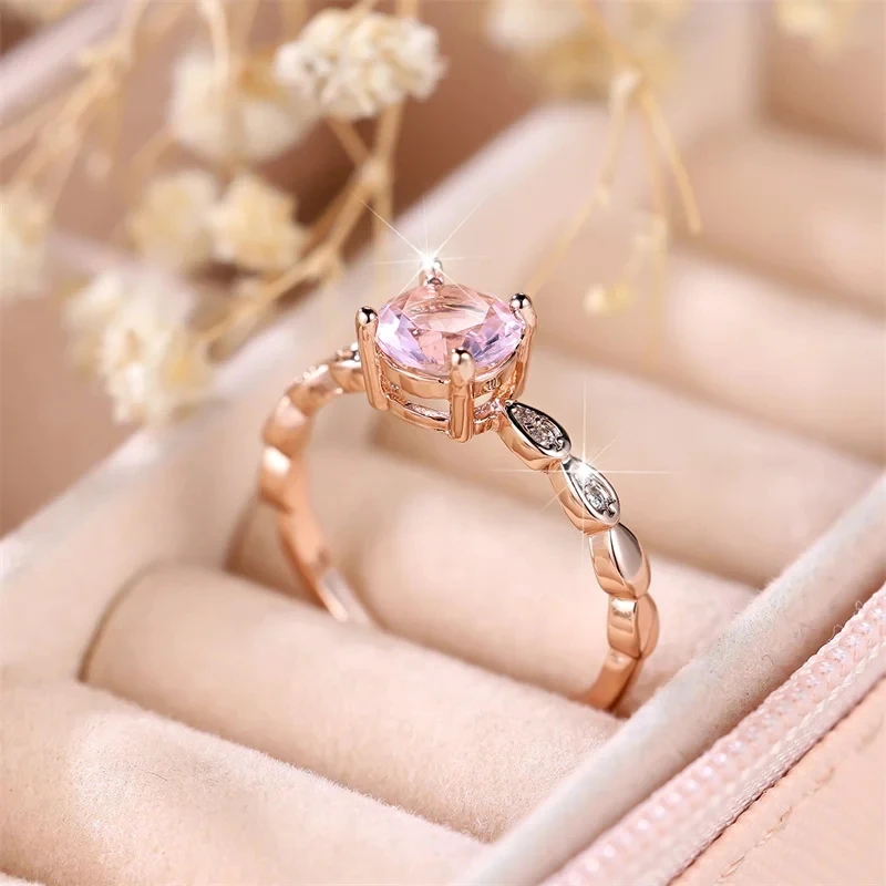 Cute Female Pink Round Zircon Stone Ring Small Thin Rose Gold Color Engagement Bride Wedding Jewelry Gift For Women