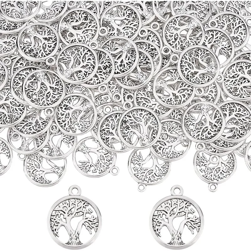 100 Pcs Tree of Life Charms Bulk Tibetan Style Alloy Flat Round Pendants for Jewelry Making Charms DIY Craft Dangle