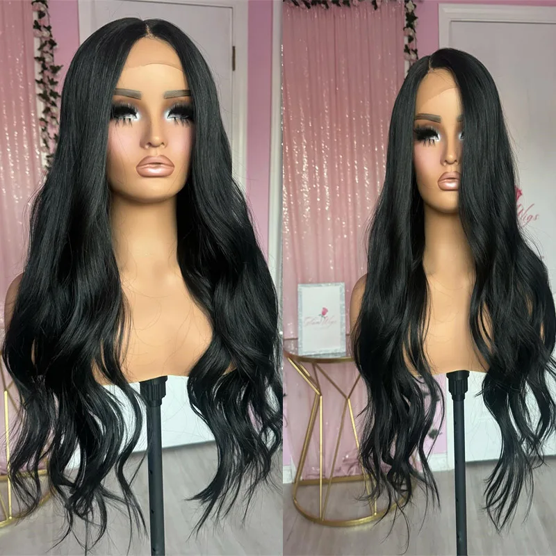 Natural Black Woman Wig Glueless Wear and Go WAvy Lace Frontal Wigs Synthetic High Density Lace Wig High Heat Fiber Frontal Wig