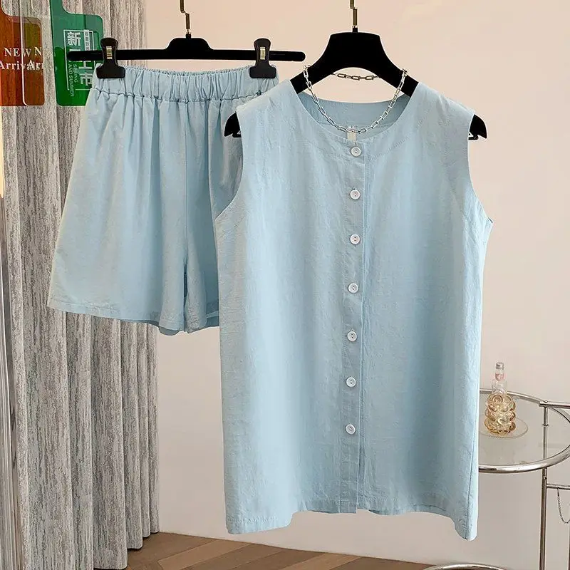 

Комплекты из шорт: однотонные рубашки без рукавов с круглым вырезом и широкие брюки в французском стиле, повседневные комплекты из двух предметов, женская одежда