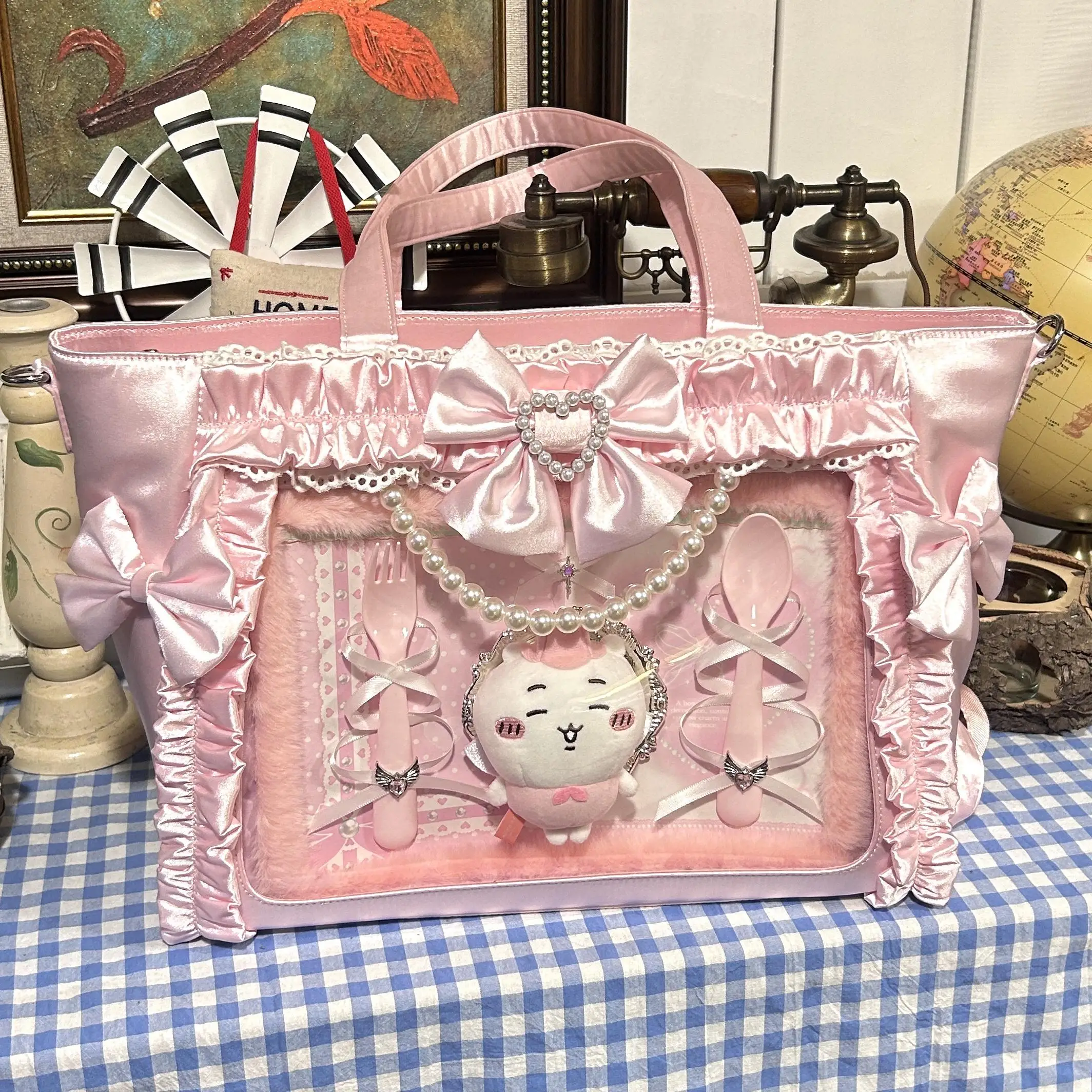 Square Satin Pearl Ita Bag Japan Original Sweet Bow Sac Femme High Capacity Tote Bolsos Mujer Shoulder Bags for Woman Bolso
