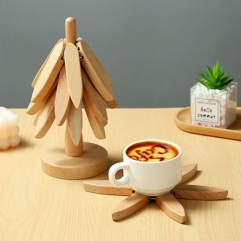 4PCS Tree Design Stand Wooden Trivets Decorative Anti Scald Heat Resistant Table Mat Coaster Wood Placemats Pot