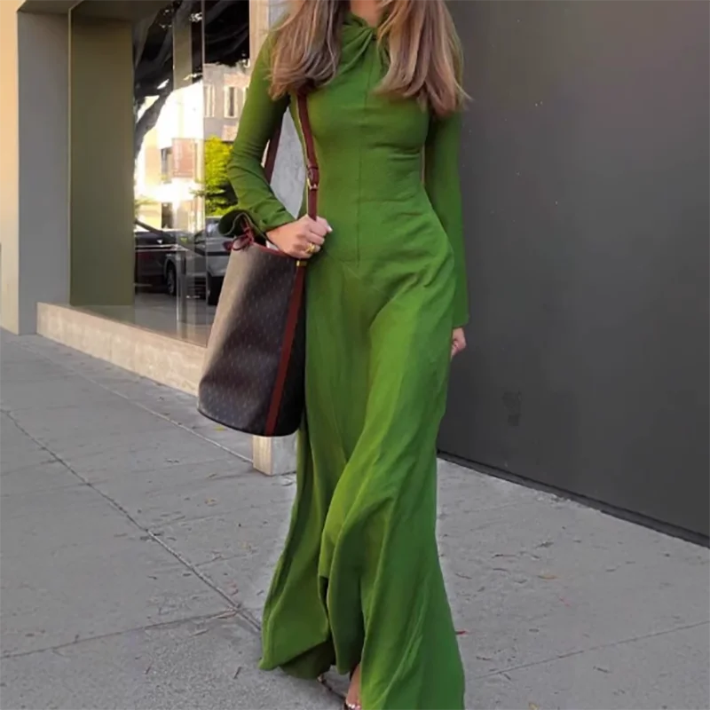 Casual Women O-neck Long Sleeved Party Dress 2025 Simple Temperament Swing Party Dress Fashion Street Green Slim Fit Maxi Dress