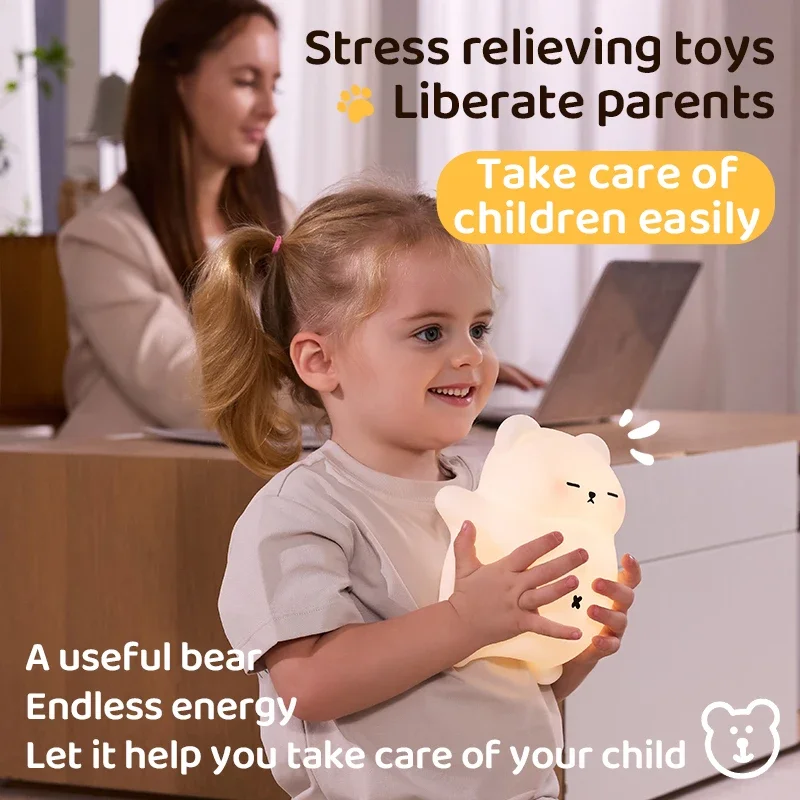 Bonita luz LED nocturna de oso de silicona para roncar, luces nocturnas para dormir, recargable por USB para decoración de dormitorio, regalo de cumpleaños para niños