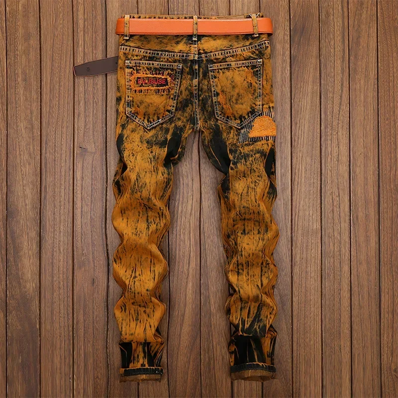 New Men Orange Ripped Patchwork Jeans No‑belt Design Personalized Vintage Denim Trousers Motorcycle Streetwear Casual Pants