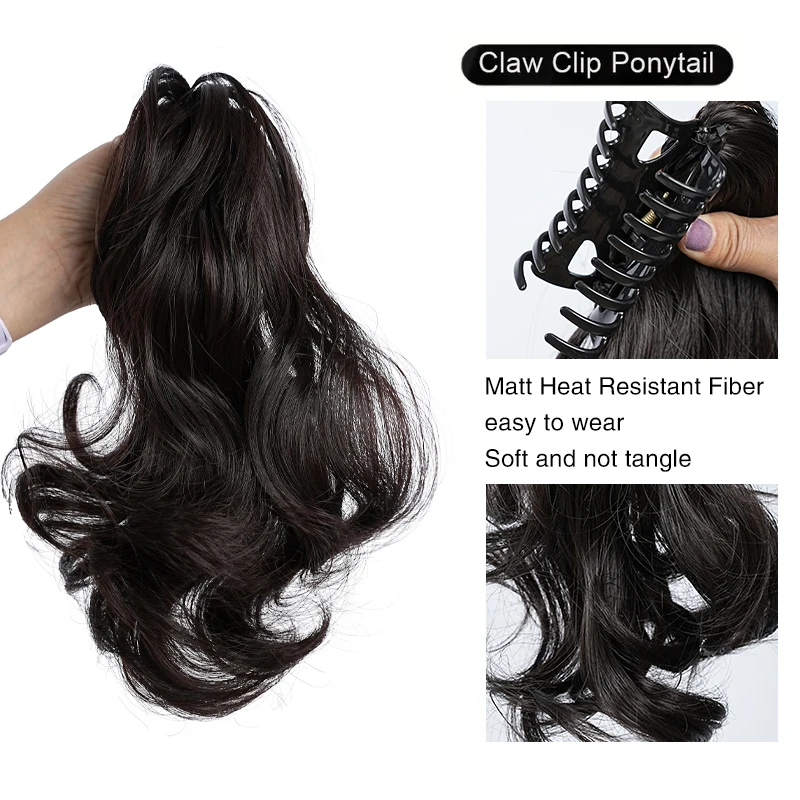 16 นิ้วยาวหยักสีดําสีน้ําตาลสังเคราะห์ Claw คลิปผมหางม้าทนความร้อนประเภท Layered Horse Tail Hair Extension
