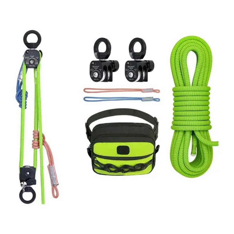 652F سبائك الألومنيوم مجموعة حبل نايلون بكرة مزدوجة لتسلق الجبال دائم