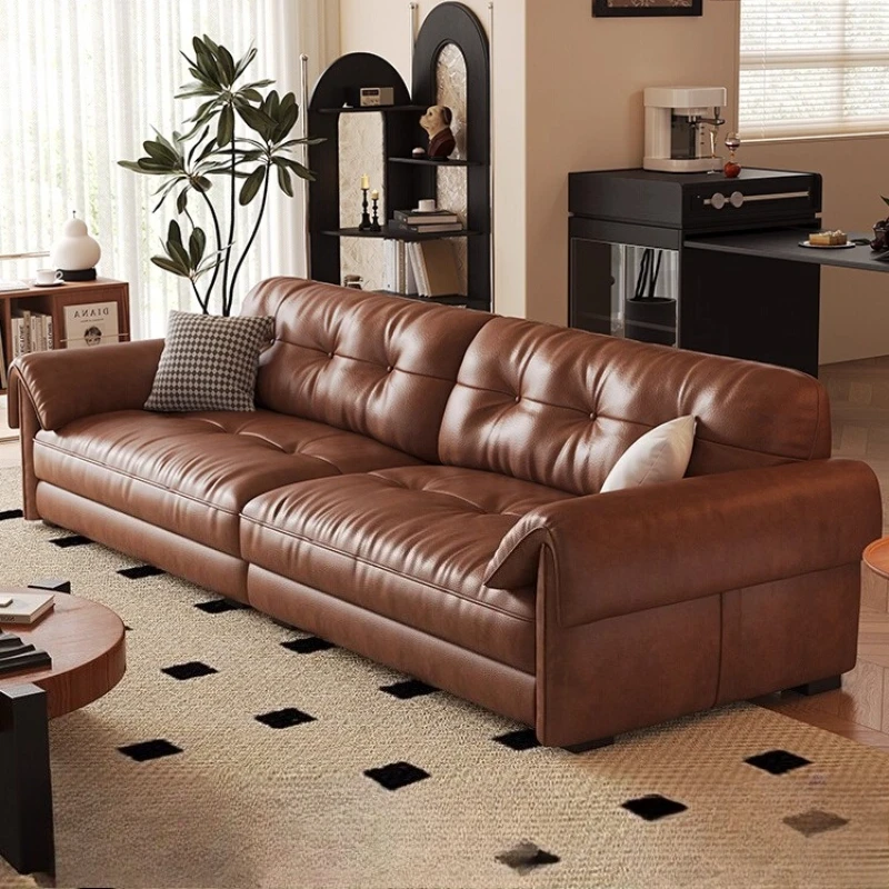Elephant Ear Sofa French Vintage Style Genuine Leather Sofa Set Living Room Furniture with Sofa Backrest Retro Minimalism