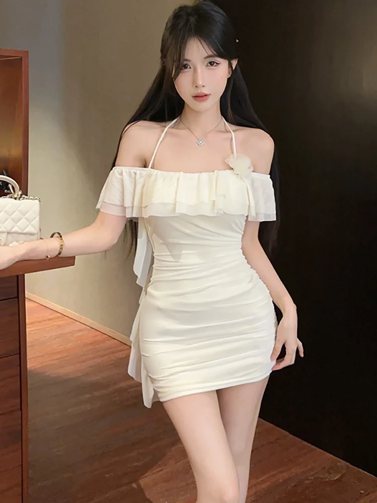 2025 roxo plissado bodycon chique babados sexy mini vestido feminino elegante casual kawaii vestido de verão moda coreana vestido de uma peça