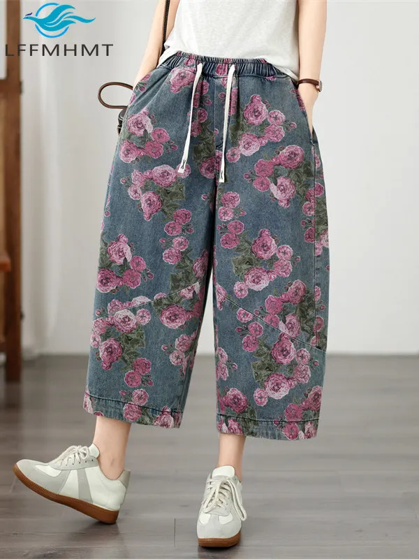 Women's Retro Printed Denim Capri Pants, Loose Straight Leg Jeans, Drawstring Elastic Waist Summer Casual Trousers