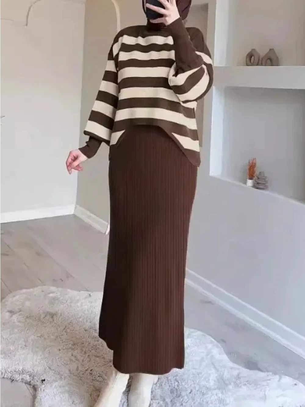 Muslim Knitting 2 Piece Set Women Striped Knitted Top Pullover Vest Dress Suit Morocco Dubai Arabic Casual Dresses Ensemble