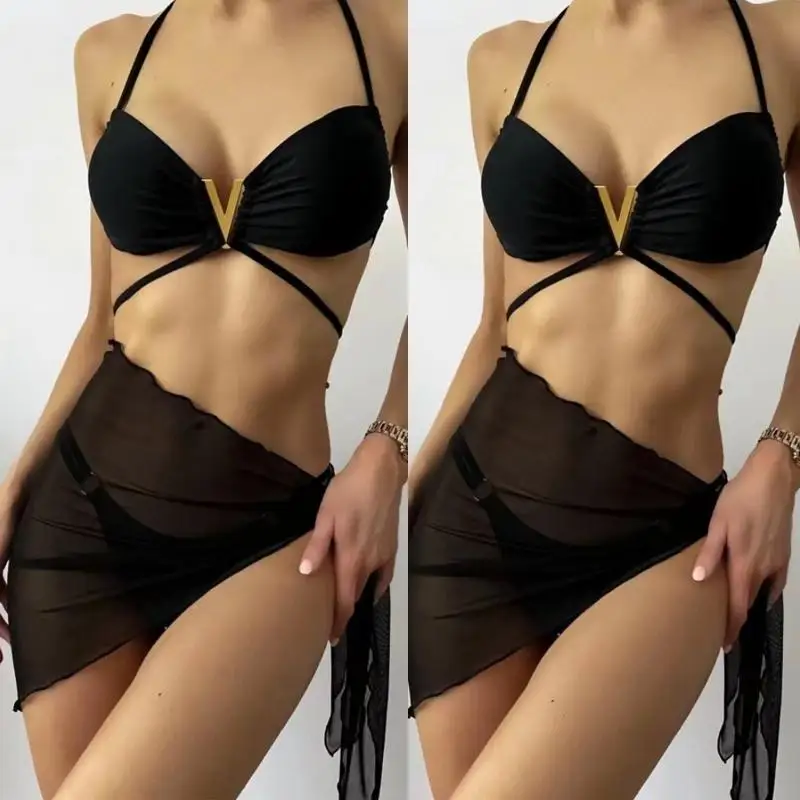 

340F Ladies Swimsuit Comfortable Fashion Cover-ups 3-Piece Knotted Swimming Suit Push Up Wrap Beachwear Gather Set
