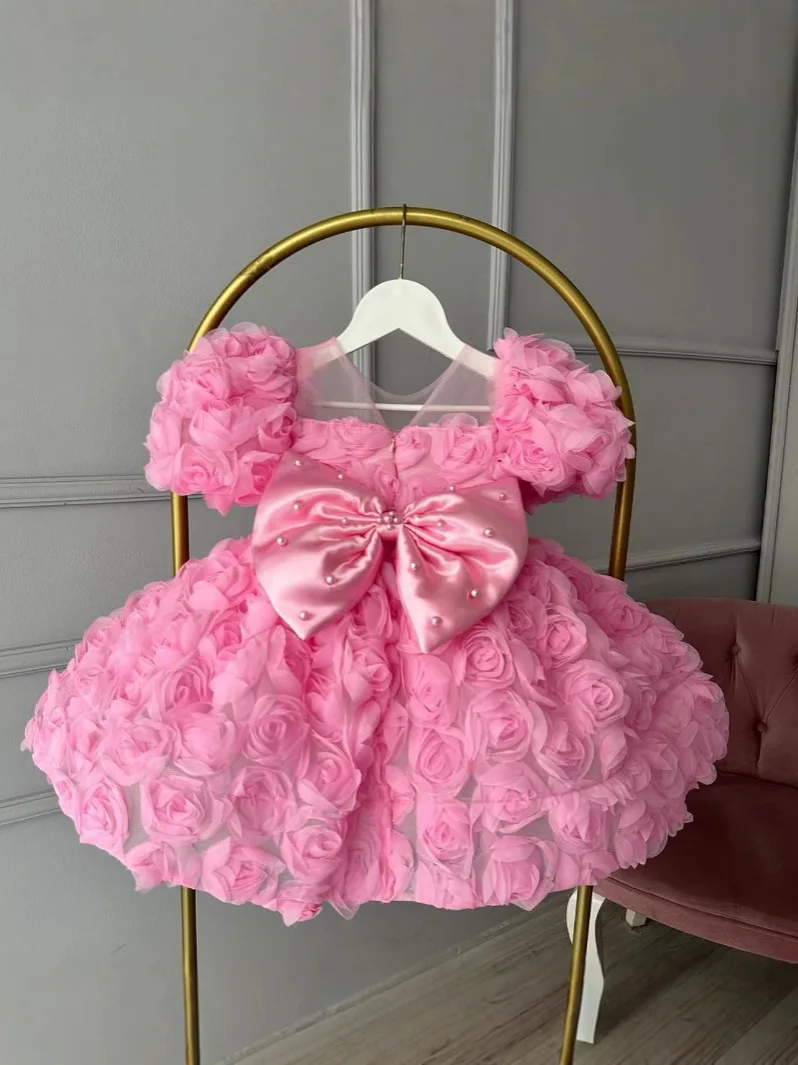 Baby Girls' Dress Wedding Birthday Party new year 2025 Children's Pink Rose Bareback French Princess Sweet Girls' Ball Dress