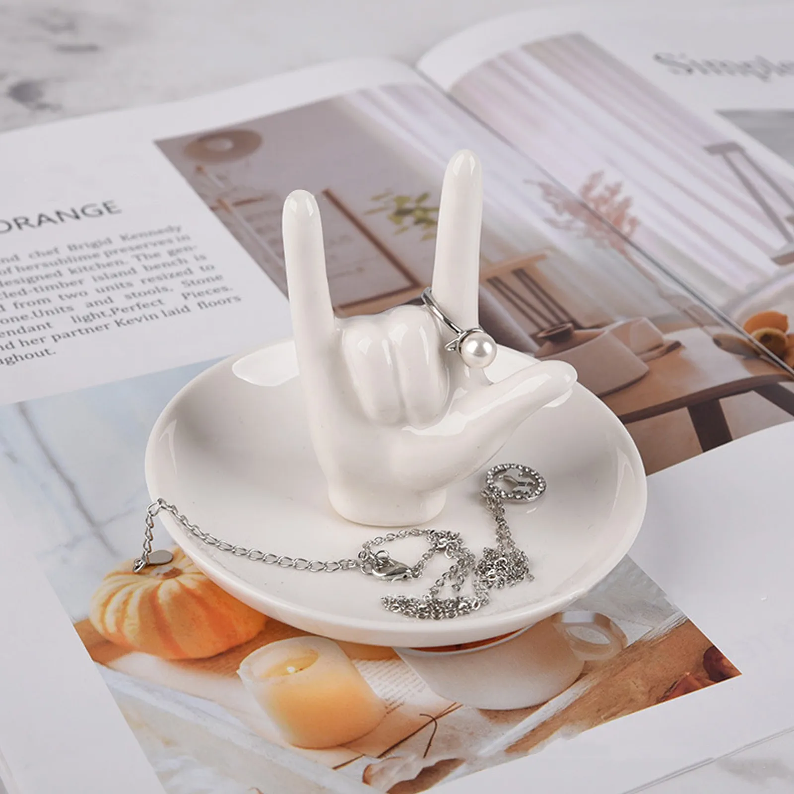 Ceramic Gesture Jewelry Display Stand Elegant Hand Ring Holder Tray Decorative Home Jewelry Organizer Ring Holder