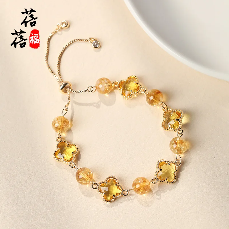 

Оригинальный браслет из сплава четырехлистного клевера с натуральным кристаллом, желтый и белый аметист, универсальный браслет на удачу, женские ювелирные изделия Ins