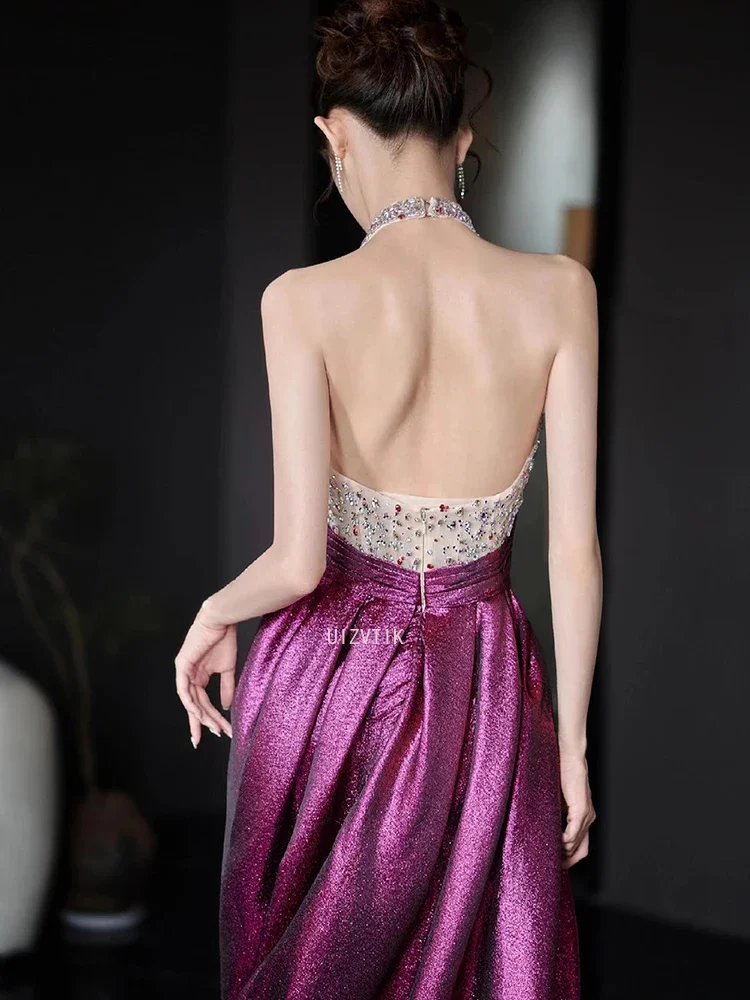 Lichte luxe beroemdheidsfeestjurken Kralen Halter Ruglooze pailletten Vloerlengte Zijde Satijn Vrouw High-end bruiloftsgalajurken