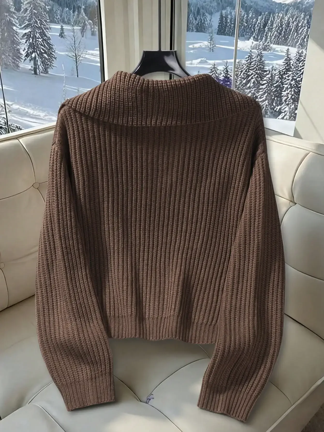 Womens Dual Zipper Knit Cardigan Vintage 90s Cabincore Lodge Aesthetic Long Sleeve Thick Sweater Jacket Mocha Cocoa Brown Braided Cable Textured Chunky Polo Collar Drop Shoulder Ribbed Hem Slouchy Baggy Cut For Fall Winter Getaway Outfits Christmas Gift