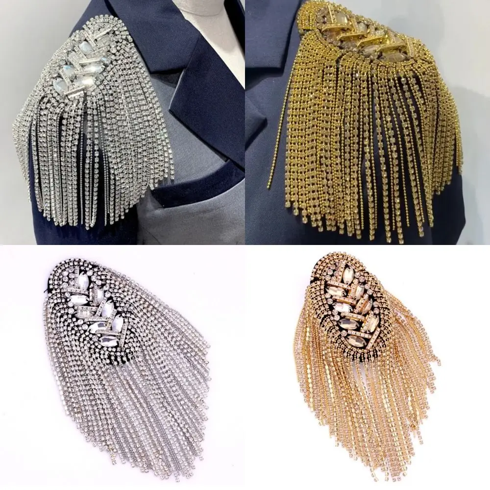 جديد حجر الراين الكتف شرابة الكتفية انفصال الذهب بروش سلسلة طويلة الكتف الكتفية المجوهرات #3