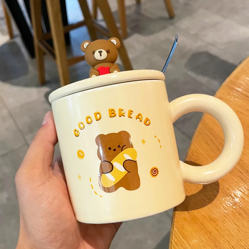 Creative Bear Ceramic Mug,Cute Cartoon Coffee Mugs with Lid Spoon,Breakfast Milk Drink Cups,Couple Water Cup,Office Tea Cup Set