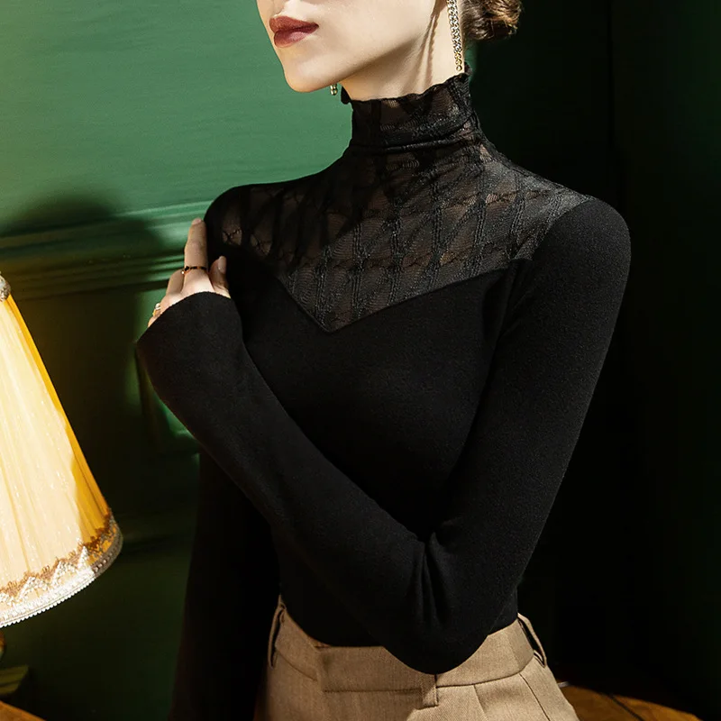 Velvet Bottoming Shirt for Female, Dance Clothes, Self-Cultivation, Sexy Lace Stitching, Warm Thick Top, Autumn and Winter, New