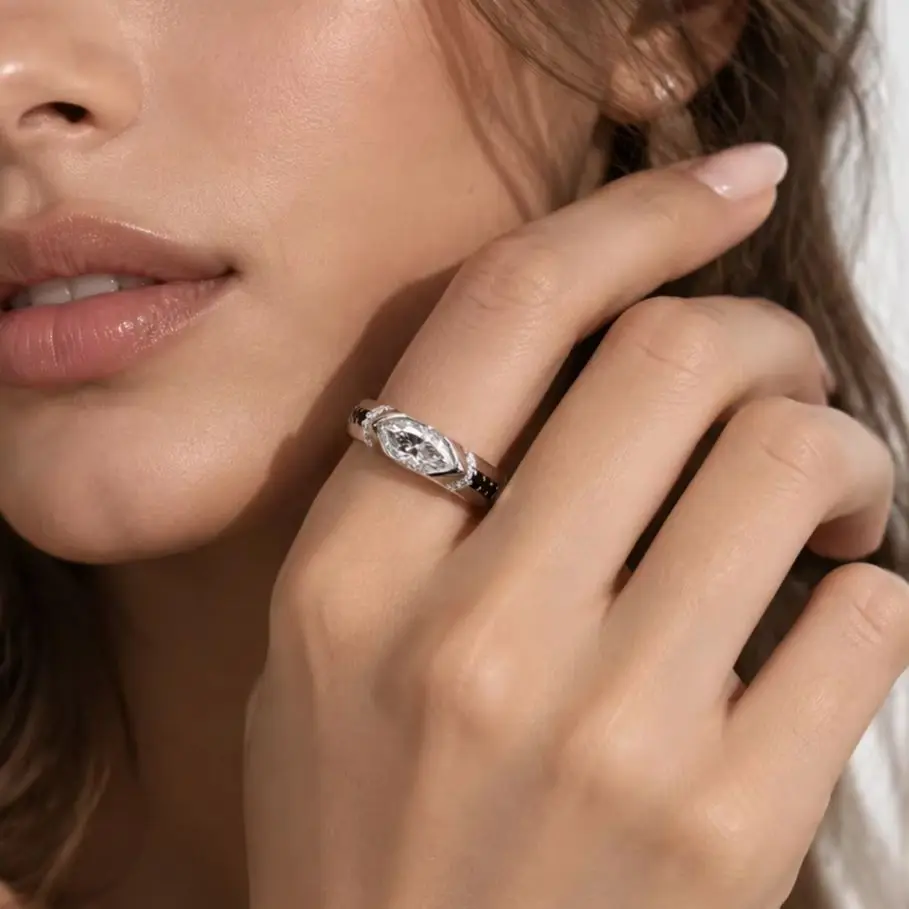 925 Silver 1-Carat 5x10mm Marquise-Cut Moissanite Men's & Women's Semi-Bezel Couple's Ring