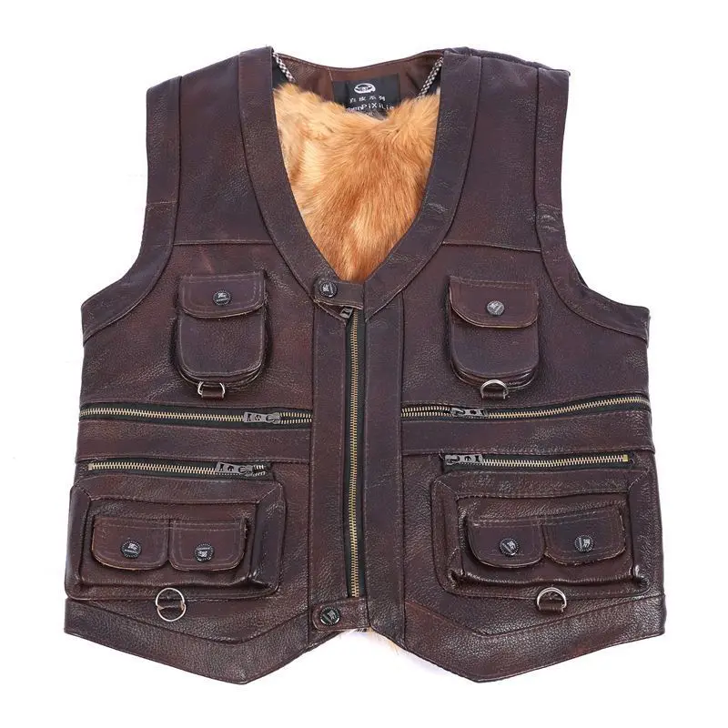 2024 men's genuine leather cowhide vest, winter fur integrated wool, thickened vest