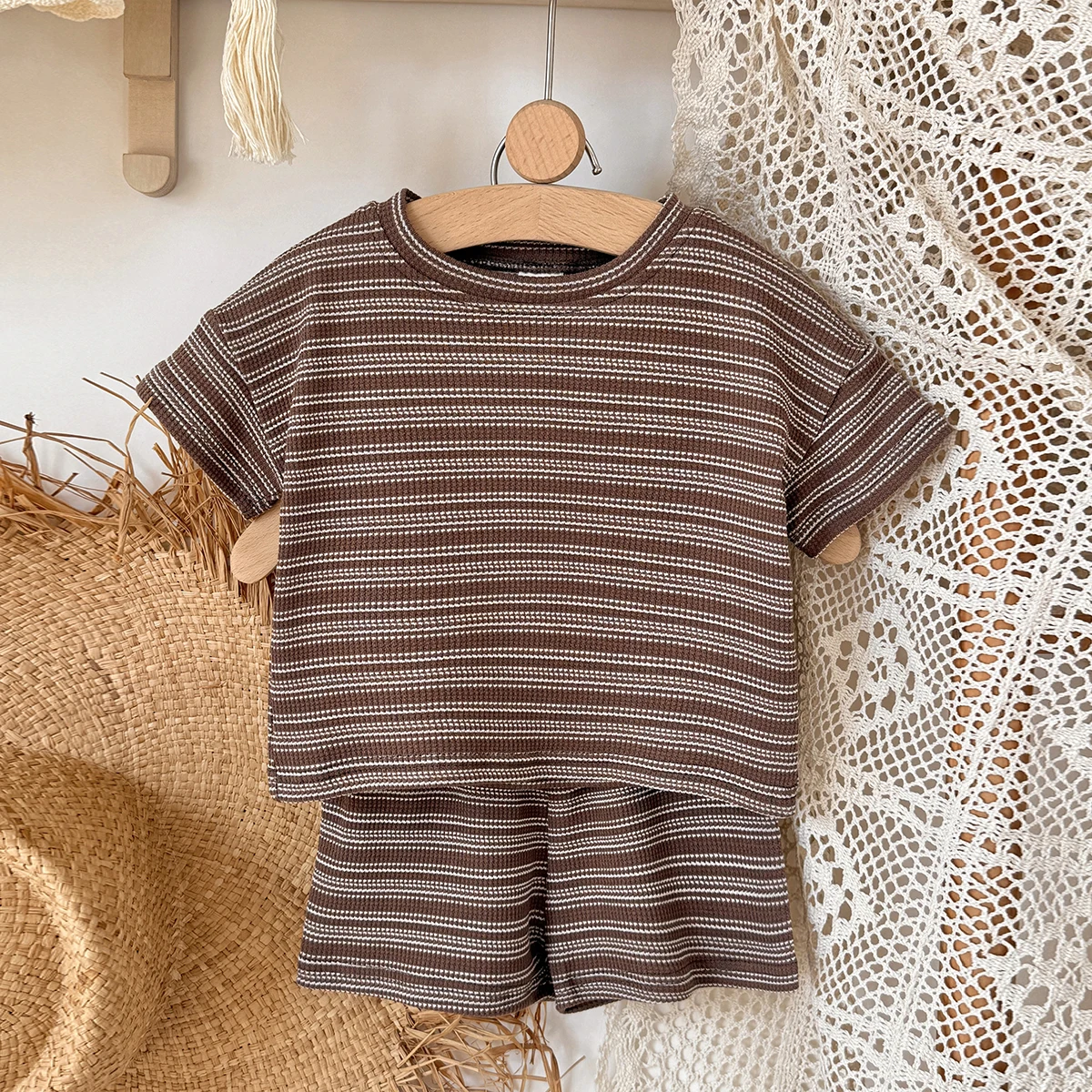 Summer Kids Baby Girls Boys Brown Short Sleeve Striped Top Tees +shorts Pants Infant Cute  Clothing Set 0-3Y