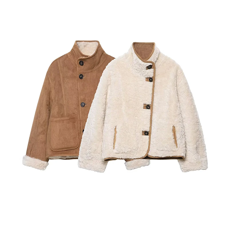 

Willshela Women Fashion With Pockets Double Side Single Breasted Jackets Vintage High Neck Long Sleeves Female Chic Lady Outfits